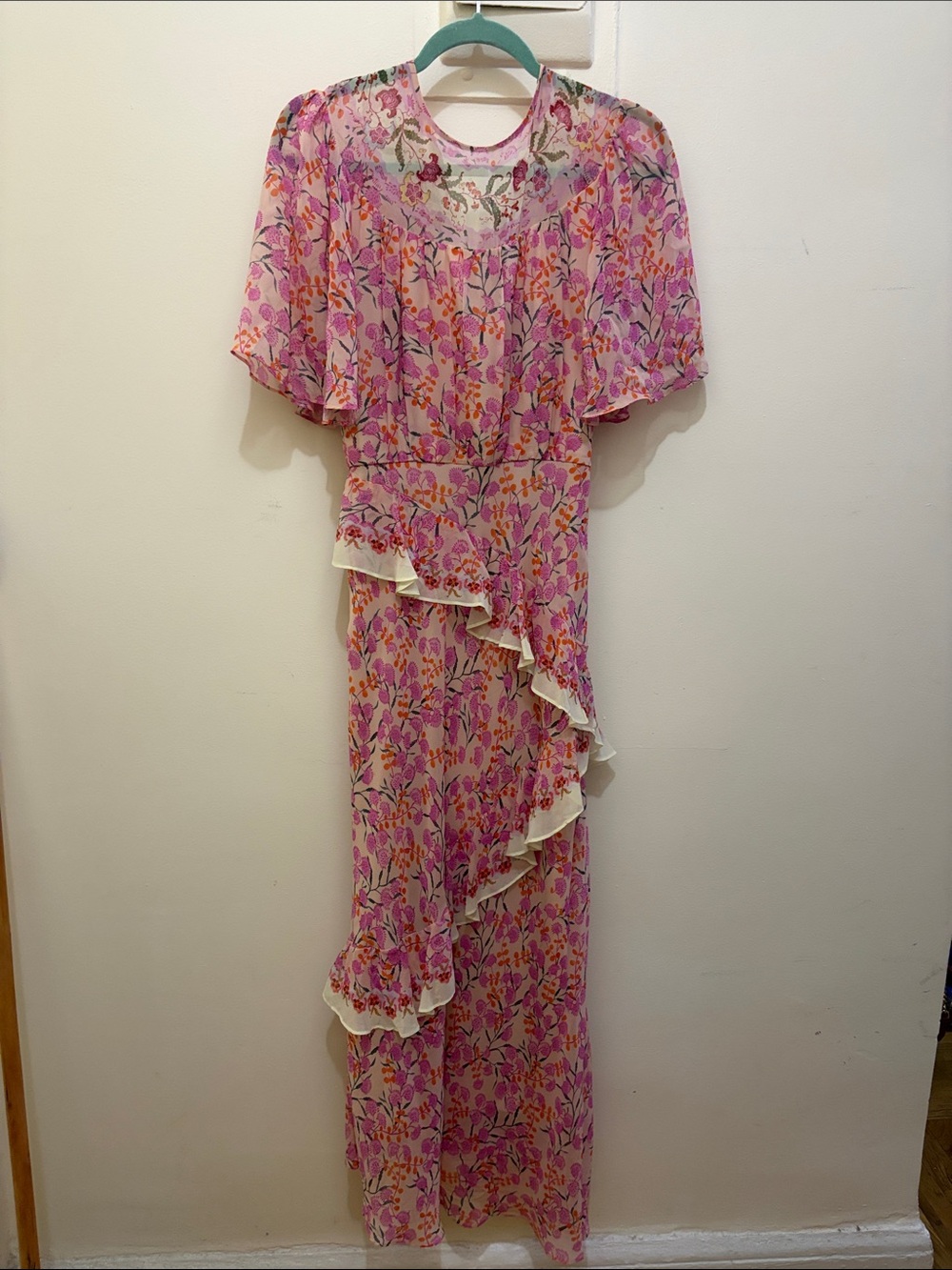 SALONI Pink Floral Ruffled Maxi Dress with Cream Accents